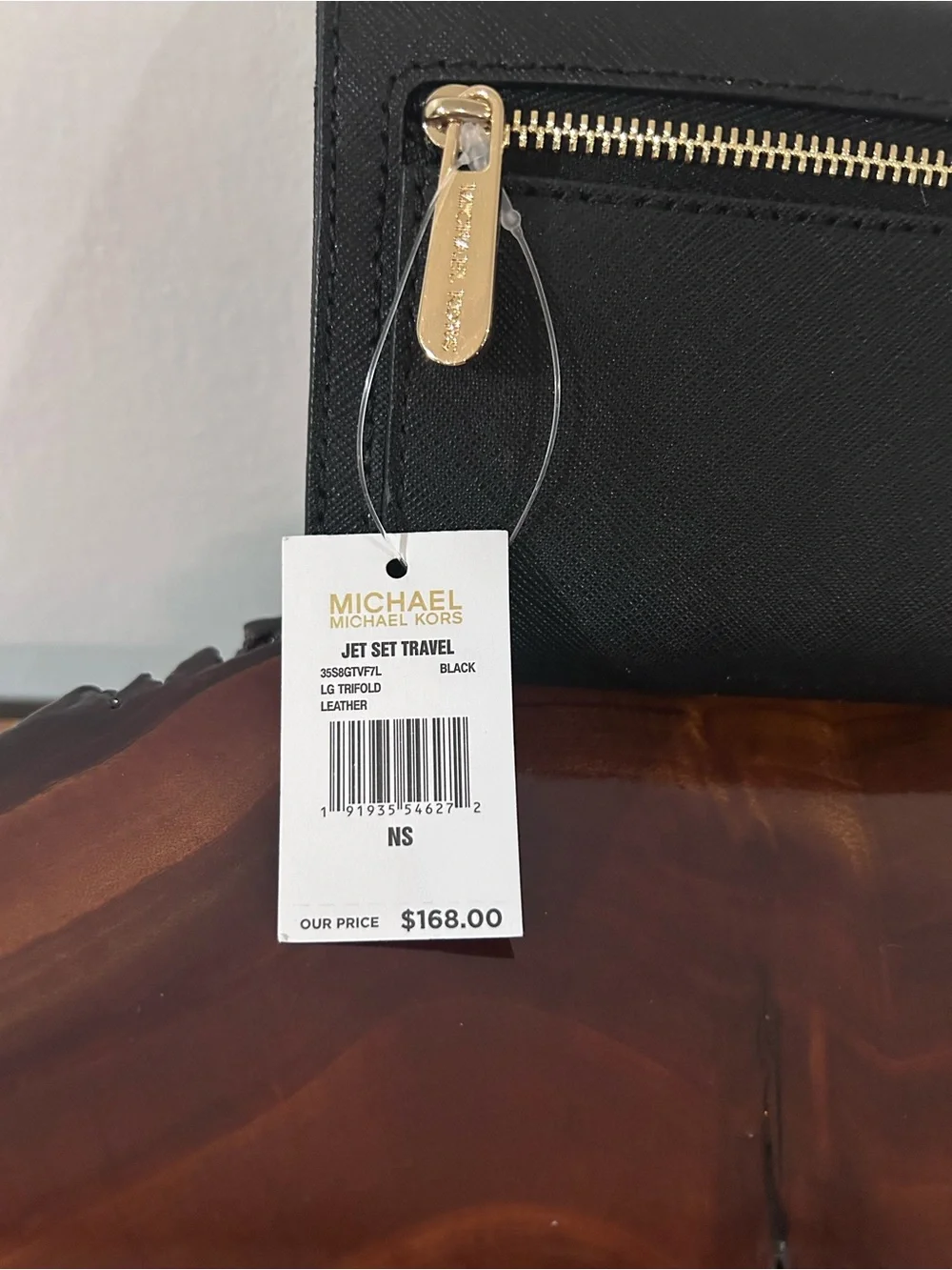 NWT Michael Kors Black Leather Trifold Wallet with Gold Hardware